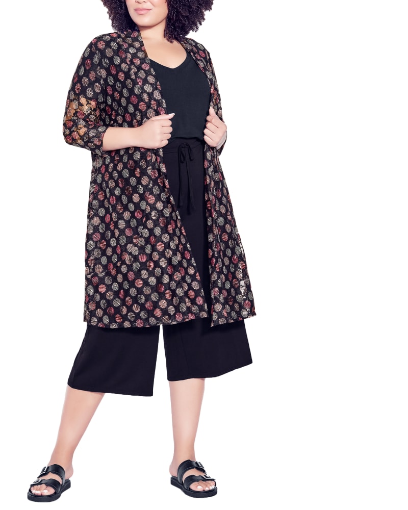 Front of a model wearing a size 14 Athena Mesh Cardigan in Black by Zim & Zoe. | dia_product_style_image_id:228672